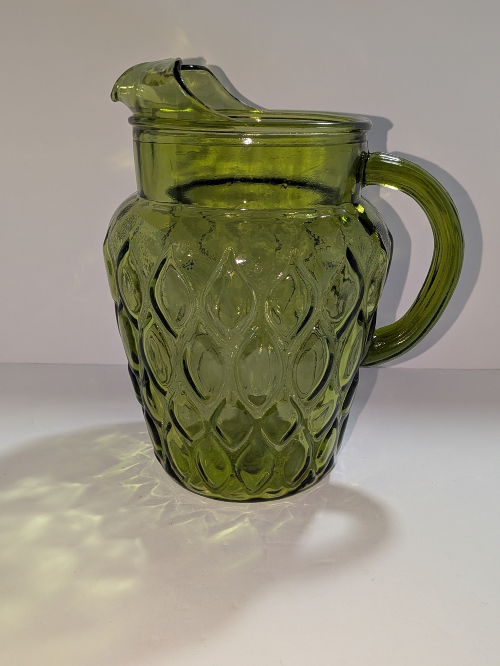 Vintage Anchor Hocking Avocado Green Glass Madrid Teardrop Diamond Pitcher 82 oz